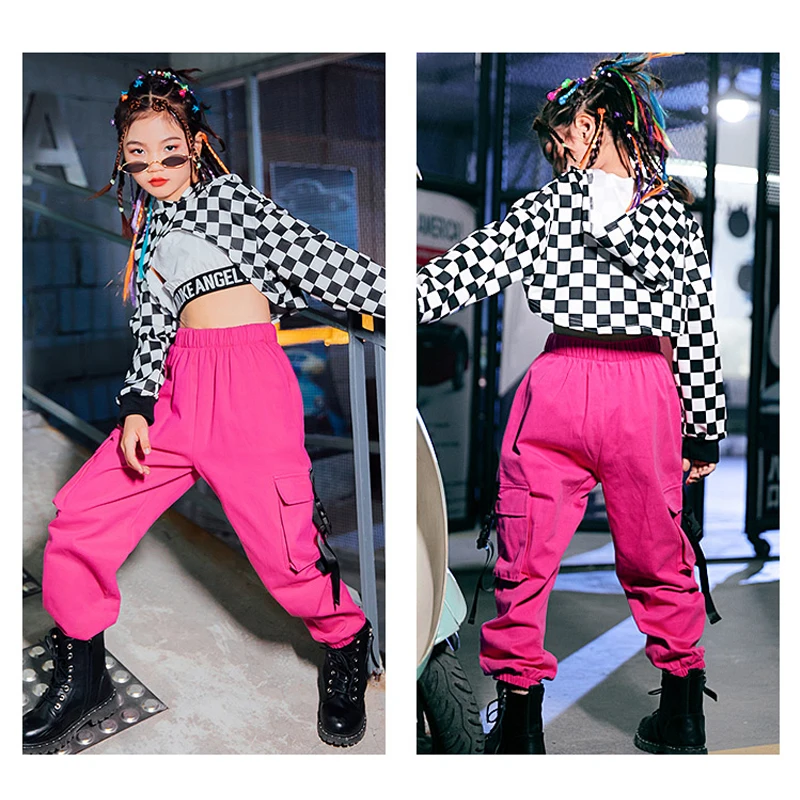 

2022 Girls Jazz Dance Clothes Kids Autumn/Winter Plaid Tops Rose Red Pants Modern Hip-Hop Street Dance Performance Clothing