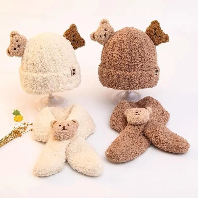 Baby Winter Bear Hat Scarf Set Cute Super Infant Children Plush Boys and Girls Warm Woolen Cap