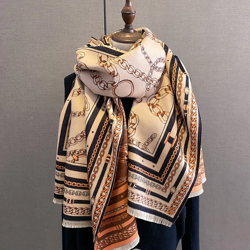 

2023 Cashmere Warm Blanket Winter Scarf Women Chain Print Thick Pashmina Poncho Tassel Shawl Wraps Bufanda Accessores