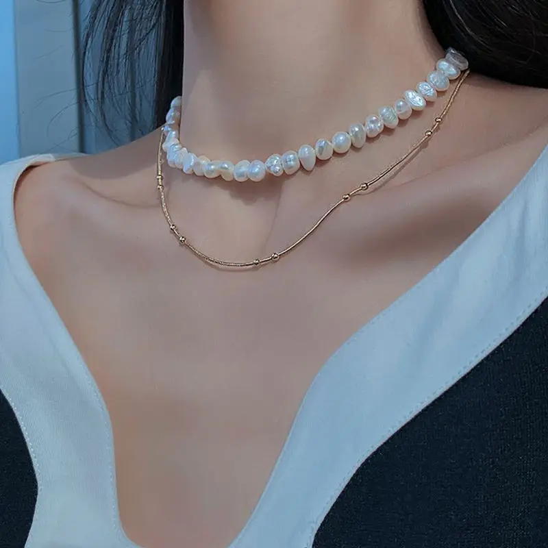 

Minar Elegant 100% Real Freshwater Pearl Chokers Necklaces for Women Gold Color Beads Chain Double Layers Necklace Jewellery