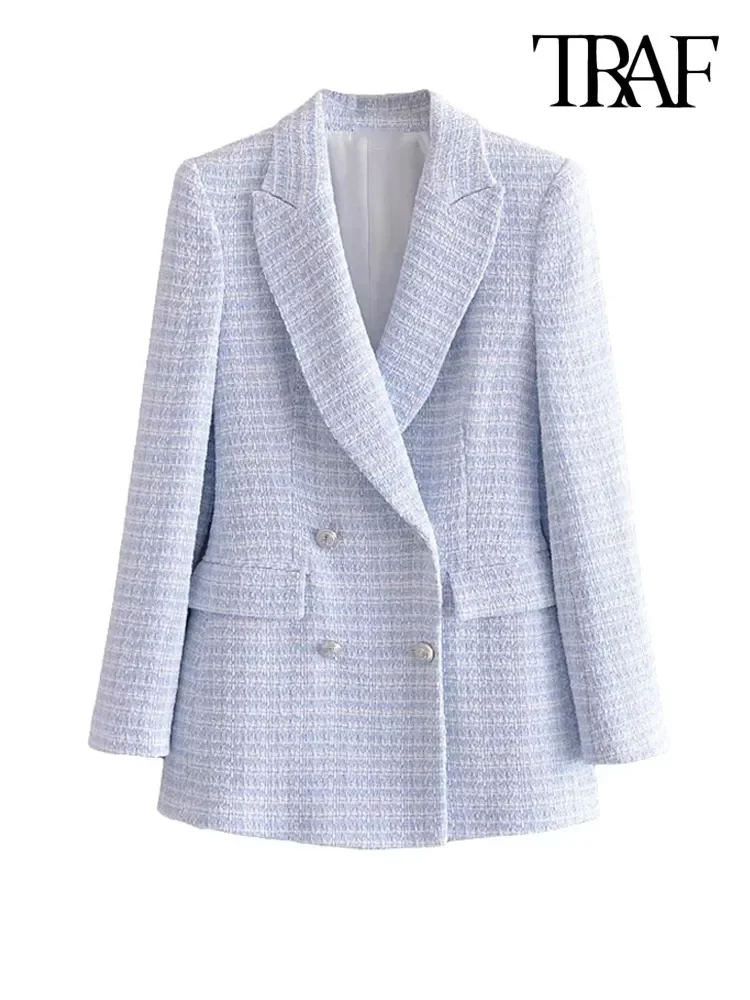 

TRAF Women Fashion Double Breasted Tweed Check Blazer Coat Vintage Long Sleeve Pockets Female Outerwear Chic Veste