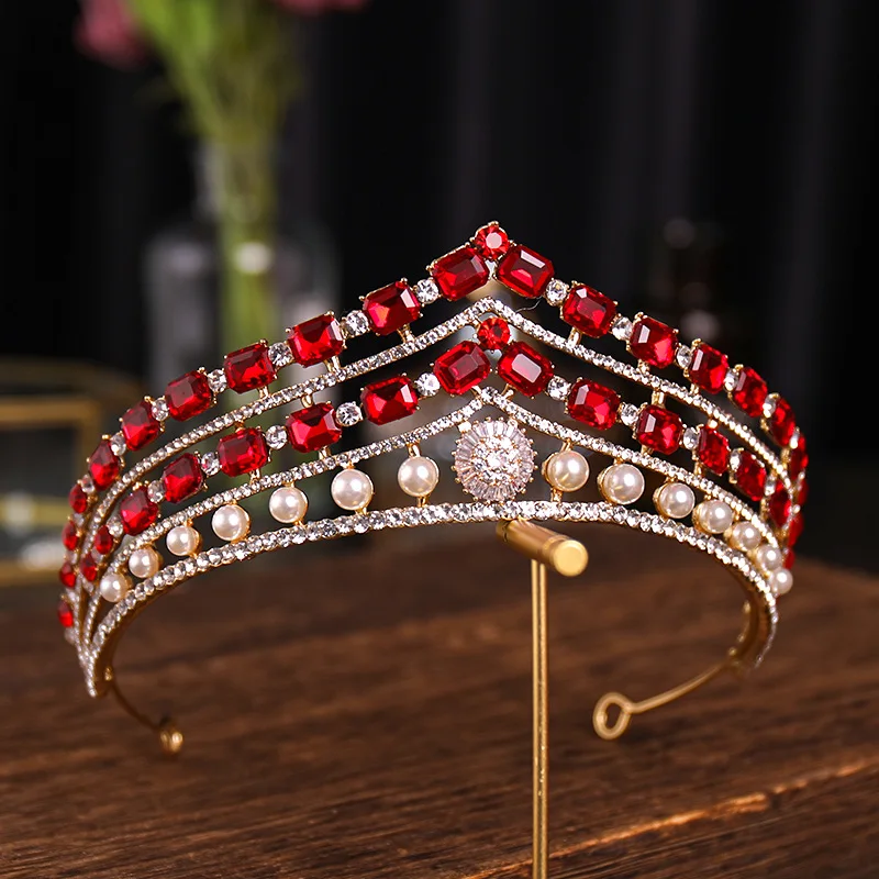 

Baroque Gold Red Crystal Wedding Hair Accessories Rhinestone Pearls Bridal Tiara And Crowns Women Princess Head Jewelry
