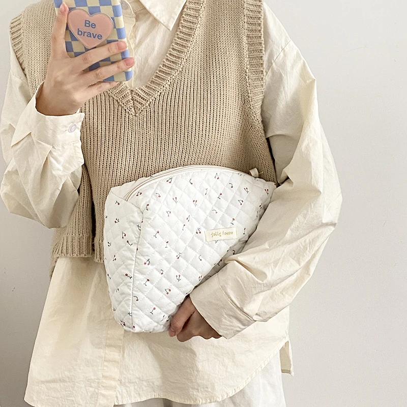 Quilting Clutches Soft Cotton Women Zipper Cosmetic Organizer Cute Makeup Bag Large Make Up Purse Portable Handbag