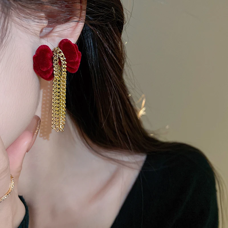 

New Bow Tassels Drop Earrings Flocking Rose Flower Dangle Earrings For Women Girls Winter Long Piercing Jewelry Accesories Gifts