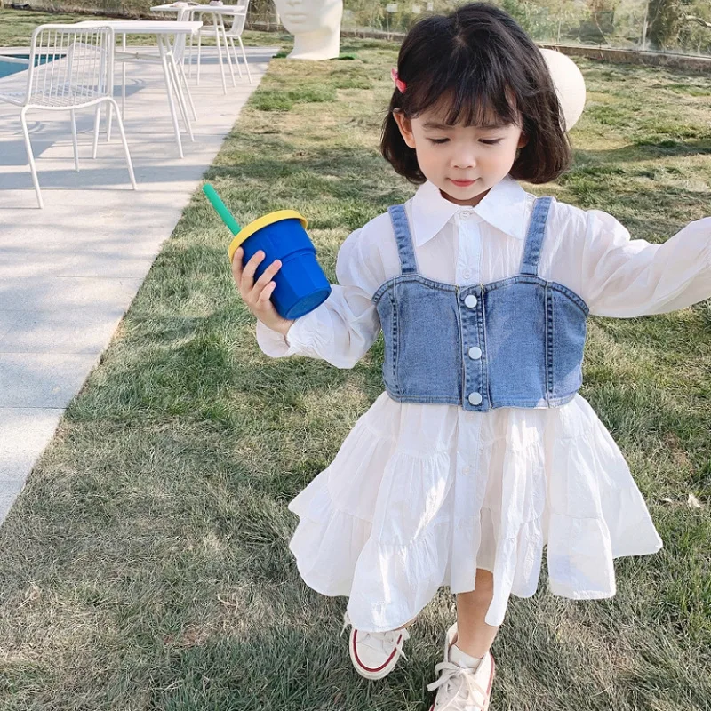 

Girls Suit Fresh Long Shirt Dress Plus Denim Vest Two Pieces Sets 2022 Spring New Children's Clothing Blouse Cotton Dresses