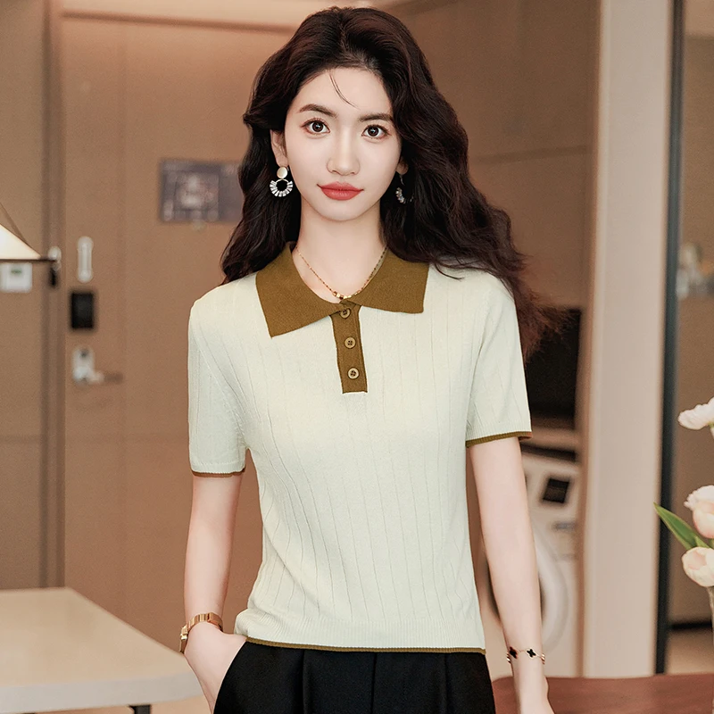 Polo Collar Short sleeve T-shirt Women 2024 New Summer Slim fit Thin Ice Silk Knit Small High Waist Top