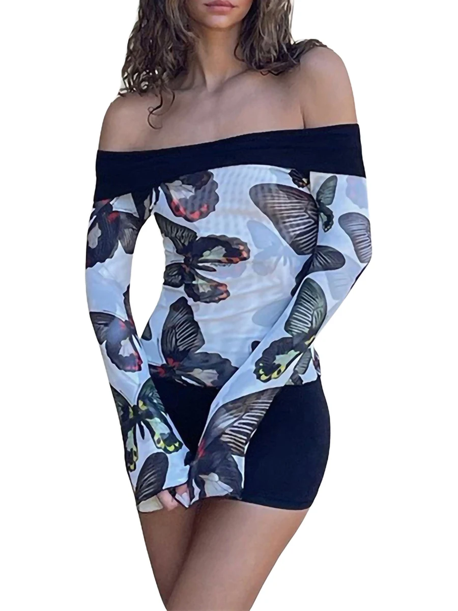 

Women Fashion Bodycon Shirt Long Sleeve Off-shoulder Slash Neck Butterfly Print Slim Fit Fall Pullover Tops