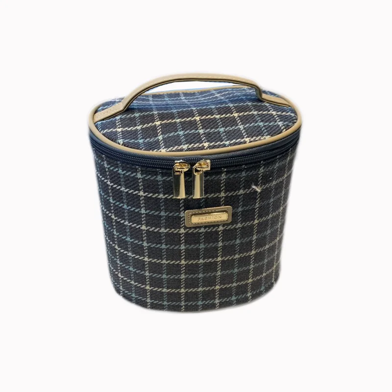 2020 New Japanese and Korean Cylinder Cosmetic Bag Plaid Nylon Travel Large Capacity Portable Storage Household Outdoor Dual-Use