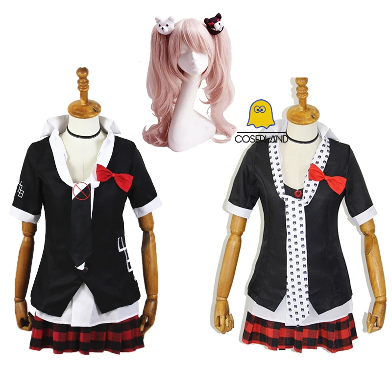 

Dangan Ronpa Enoshima Junko Cosplay Costume Pink Long Wig with Bear Hairpins Danganronpa JK School Girl Skirt Set Shirt Bear Toy