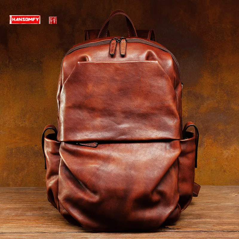 

New Genuine Leather Men's Backpack Vegetable Tanning Leather Men Travel Bag Schoolbag Retro Computer Large-Capacity Backpack