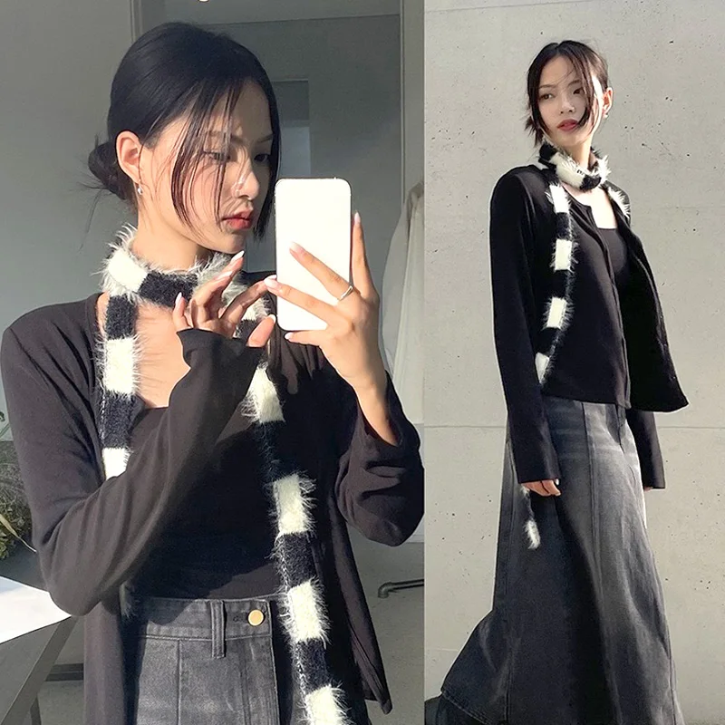 

Stylish Black White Stripes Korean Designer Thin Scarf Plush Long Strip Scarf Women's Imitation Mink Fur Y2k Girl Scarf Warm