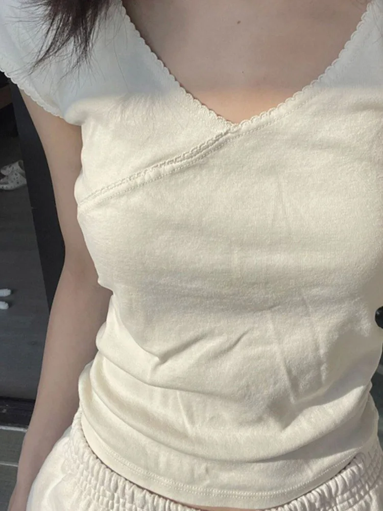 Винтажная тонкая футболка летняя уличная одежда с v-образным вырезом хлопковый