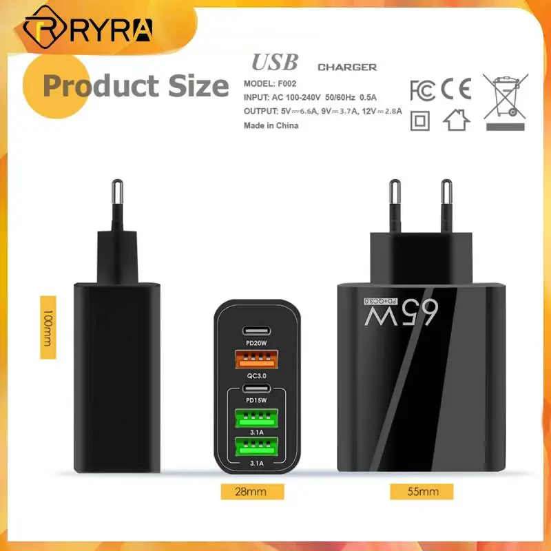 

RYRA 5 Ports Charger Fast Charging Adapter PD 65W USB 3USB Multi-port Charger EU US UK Plug Adapter PC Mobile Phone Chargers