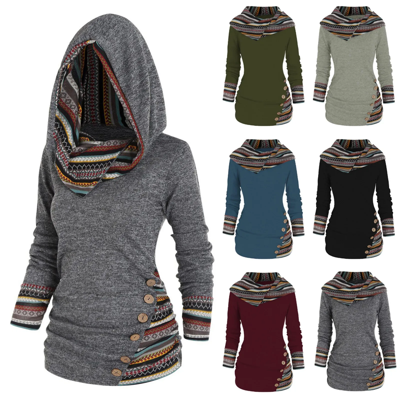 

Tribal Geometric Stripe Panel Hooded Knit Top Long Sleeve Mock Button Knitted Women Casual Ethnic Top With Hood