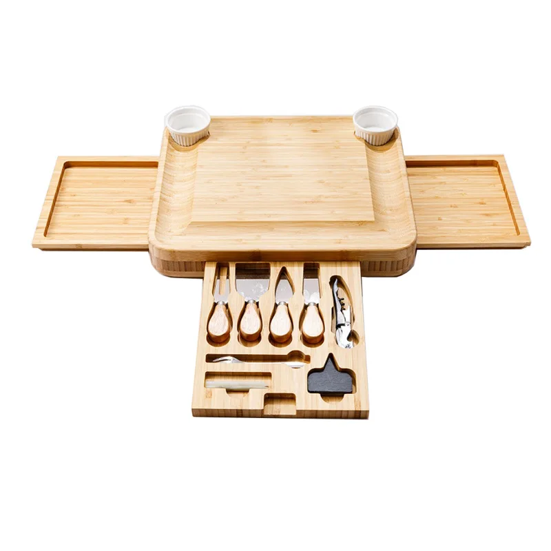 

Three-Drawer Cheese Board Set Bamboo Chopping Board Set Contains Four Knives, Two Pieces of Stone Plate and Chalk