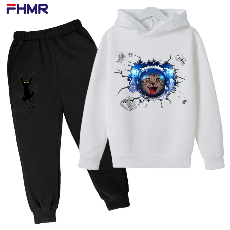 

2021 new space cat boys and girls anime cotton hooded sweater sweatpants comfortable cute cat hooded sportswear