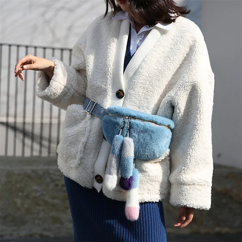 

Outdoor Waistpack 100% Mink Leather Waistpack Women's Jogging Belt Bag Zipper Fur Mobile Phone Bag Fashion Plush Chest Bag