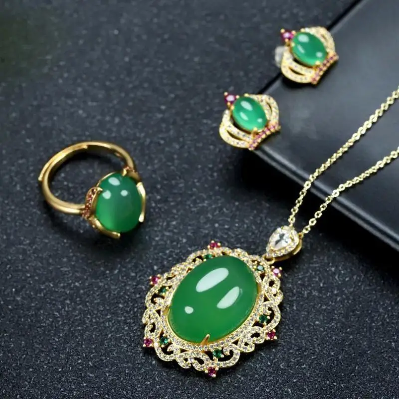 

Ожерелье с овальной подвеской из натурального зеленого нефрита с цирконом, серьги с рубиновым Изумрудом и короной и нефритовые кольца, наборы Jwellery для женщин