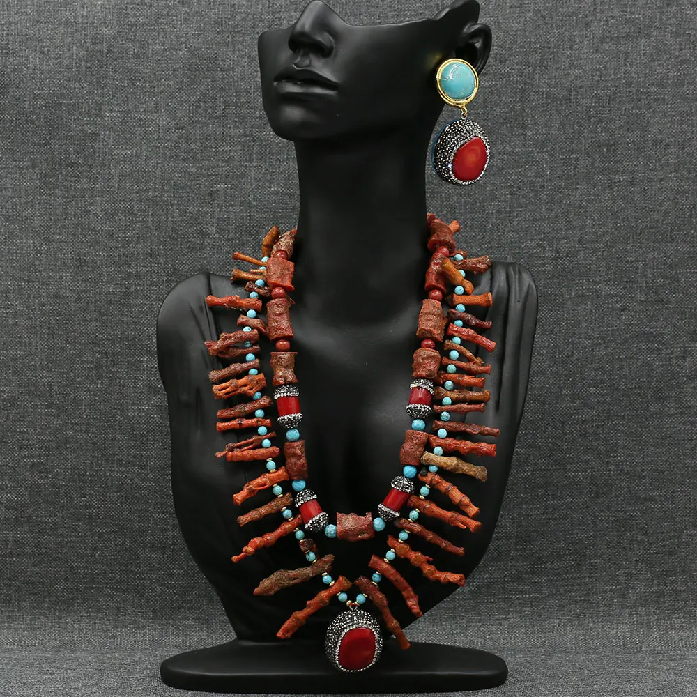 GG Jewelry-Conjunto de pendientes de 2 hebras de rama de Coral rojo Natural, collar de turquesa azul crudo, Pendientes colgantes de Coral, regalos hechos a mano para mujeres