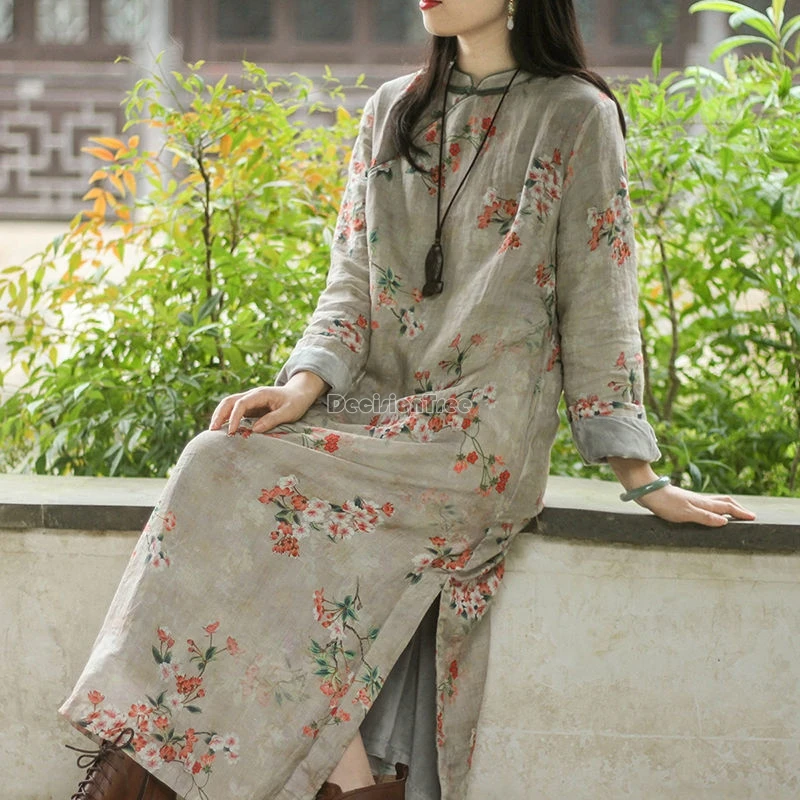 Осень-зима 2023 новый китайский стиль утепленный теплый хлопковый льняной ципао