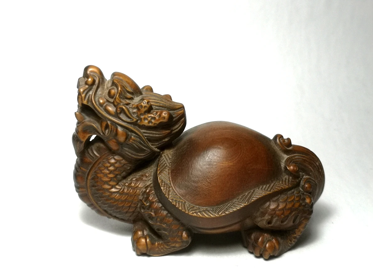 

1919 Collection Old China Boxwood Hand Carved dragon turtle Figure statue family Decoration gift