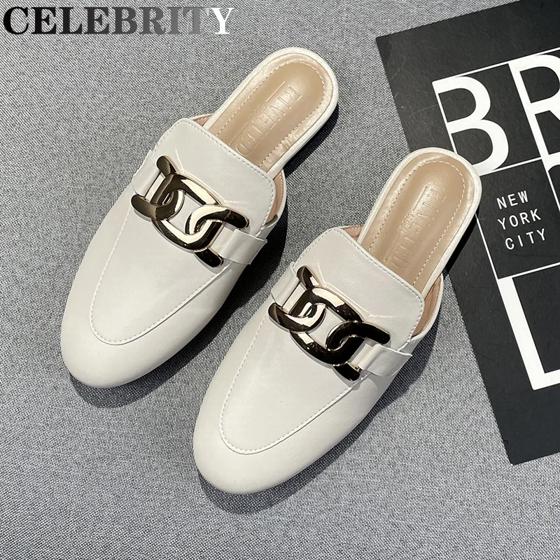 

Spring 2022 New flat women's Muller shoes Korean fashion round head metal design girls slippers large size 41-44 Free shipping