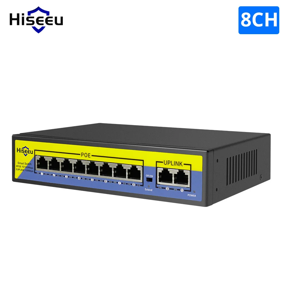 Hiseeu 48V 8 Ports POE Switch with Ethernet 10/100Mbps IEEE 802.3 af/at for IP Camera/CCTV Security Camera System/Wireless AP ft