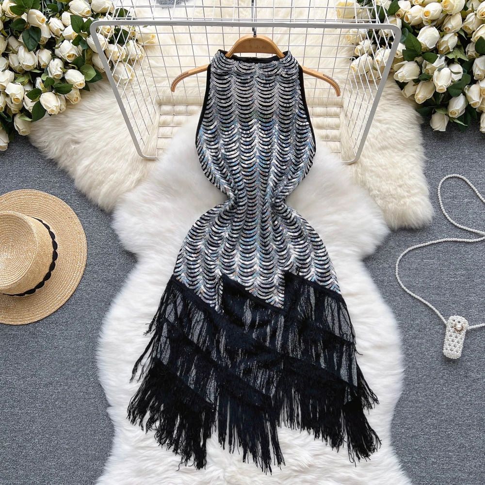 

SuperAen Retro Sequined O Neck Sleeveless A Line Mid Calf Dress Women's Summer 2022 New Slim Bag Hip