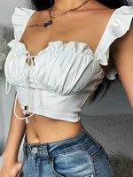 white v neck folds crop tops women ruffles lace up sleeveless elegant korean fashion top backless slim short tops 2022