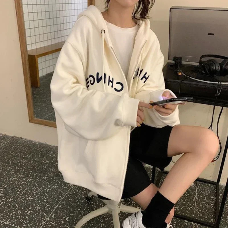 

2023 Autumn Vintage Zip Up Hoodie Women Harajuku Casual Letter Print Loose Hooded Sweatshirt Korean Streetwear Y2k Jacket Coats
