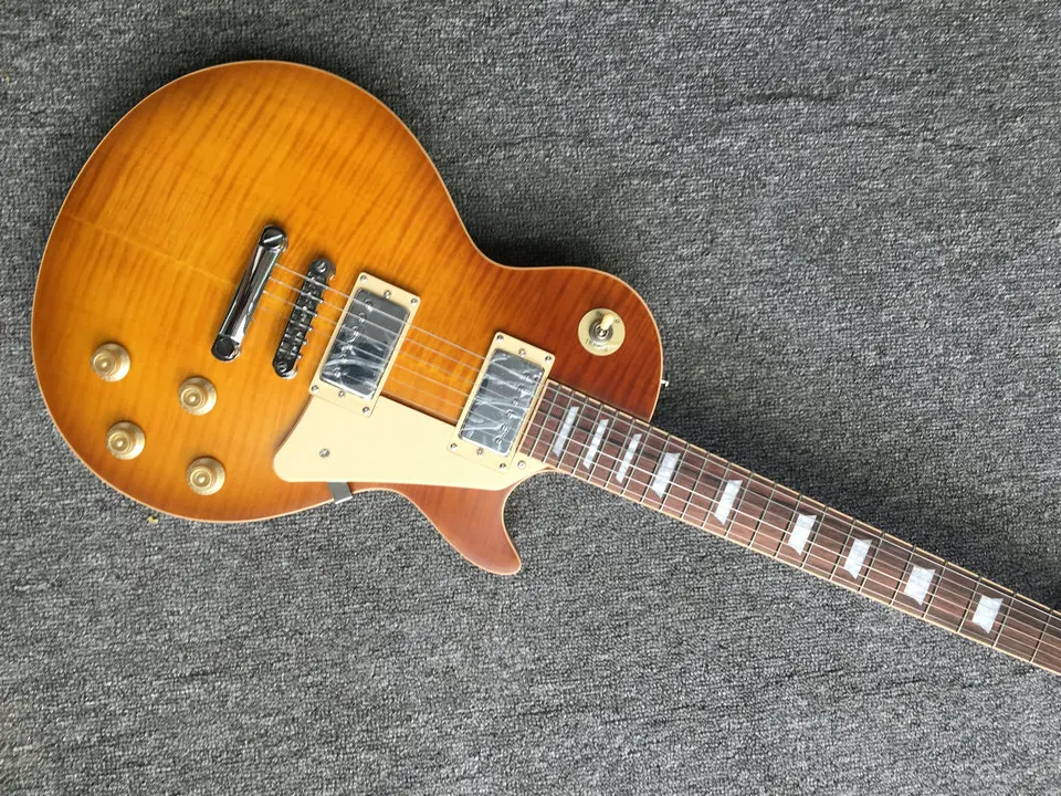 

Custom guitar one piece body and neck Flame Maple Top G Les Standard cherryburs color LP Paul Electric Guitar