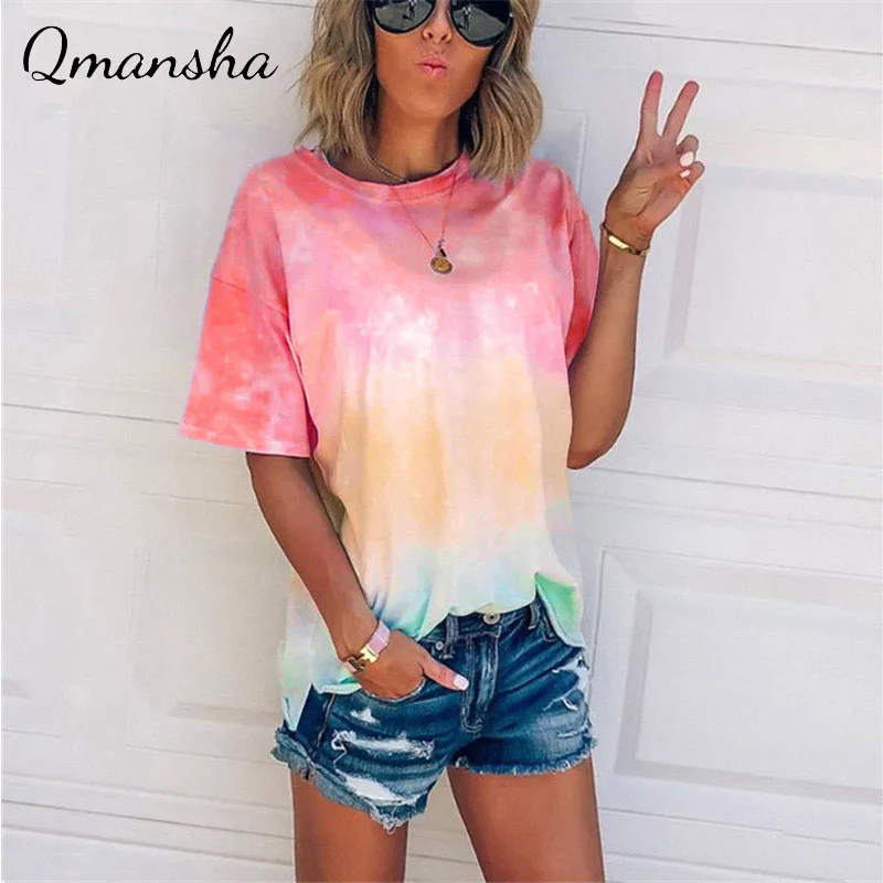 Women's Top 2022 Summer New Tie Dye Gradient Print Loose T-Shirt Casual Fashion O-Neck Y2k Tops Plus Size Camouflage Tees