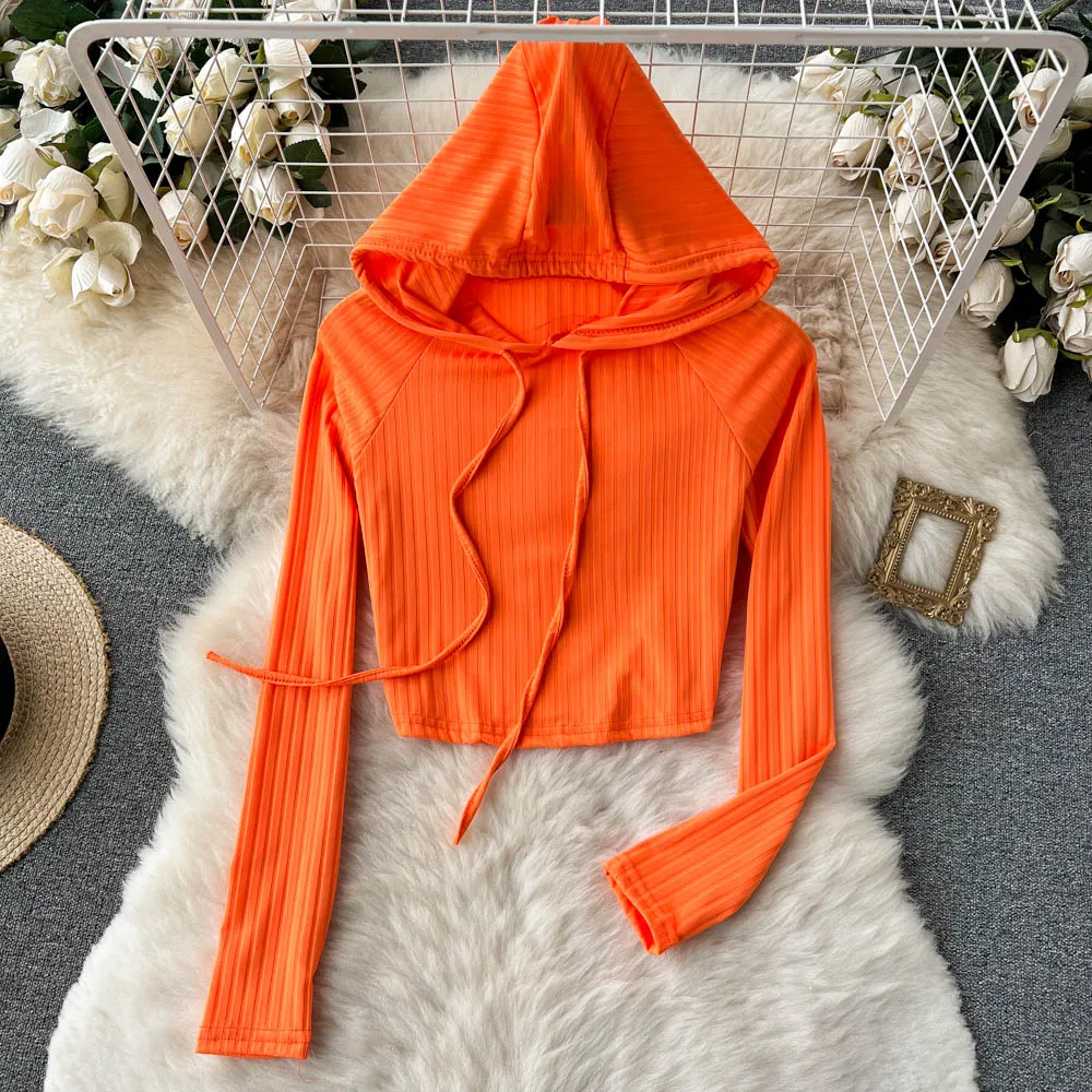 

Женская Повседневная футболка с капюшоном, футболка, женская трикотажная модная футболка с длинным рукавом Y2k, однотонные футболки, коротки...