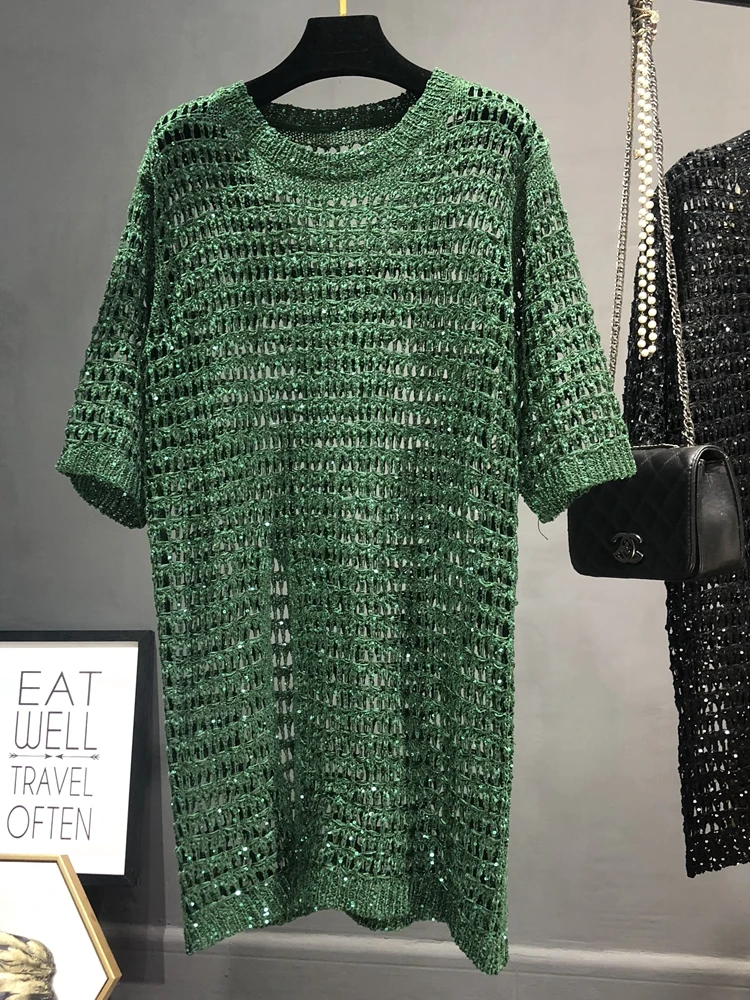 

Women In The Spring of The New Long Sequins Knit Fork Hollow Out Hook Flower Thin Fat MM Dress Middle-aged
