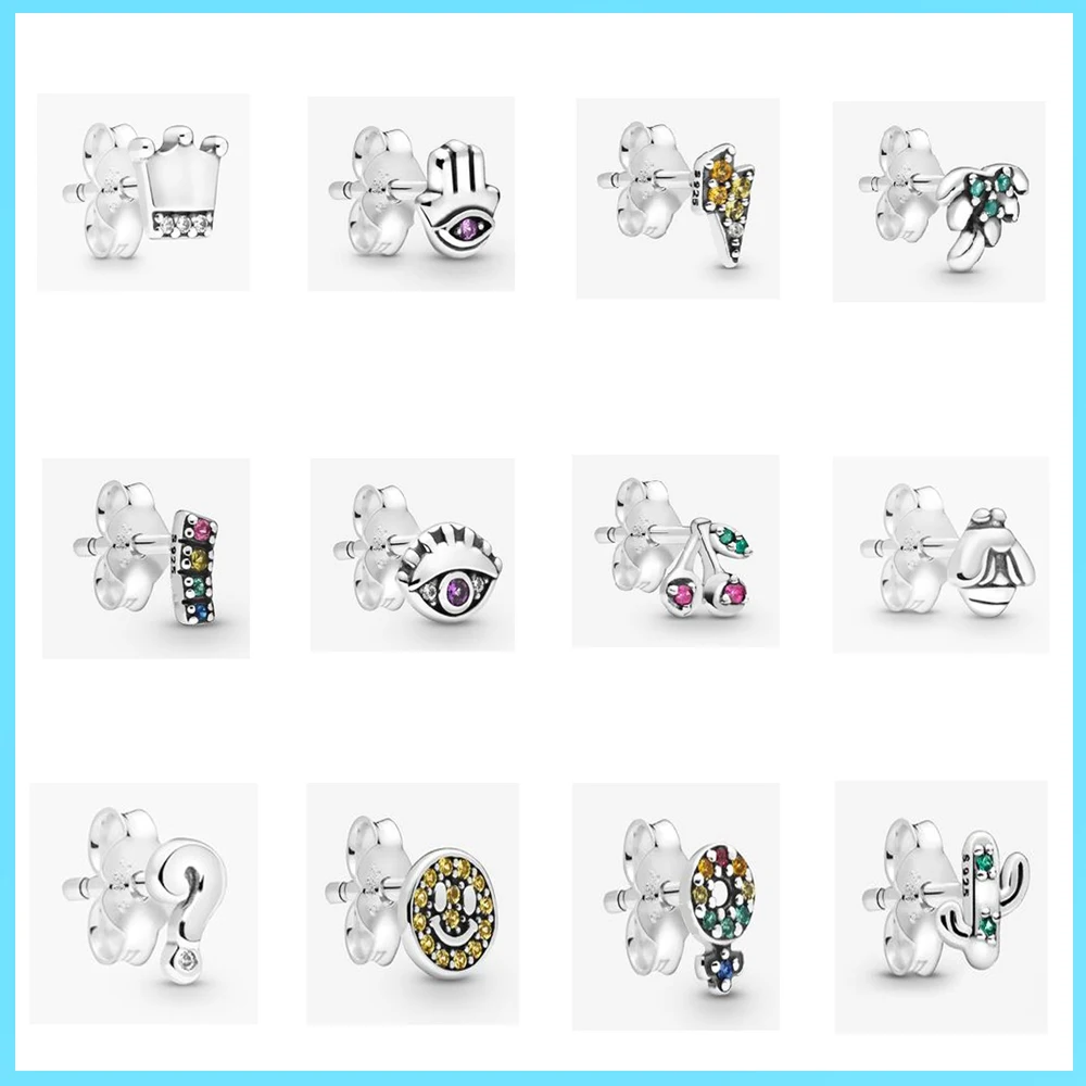 

Pan 925 Sterling Silver Fashion Earrings with Original Printed Crown Lightning Cactus Cherry Smiley Face Ladies Gift