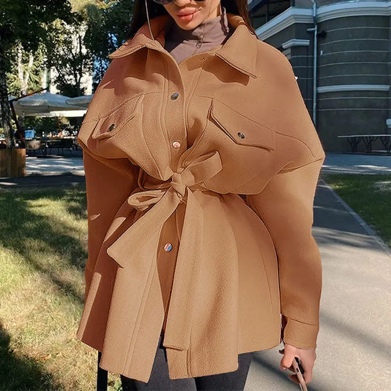 Women's 2021 Casual Fashion Loose Lapel Wool Chic Coat with Retro Long Sleeve Side Pockets Women's Coat Warm Women's Clothing