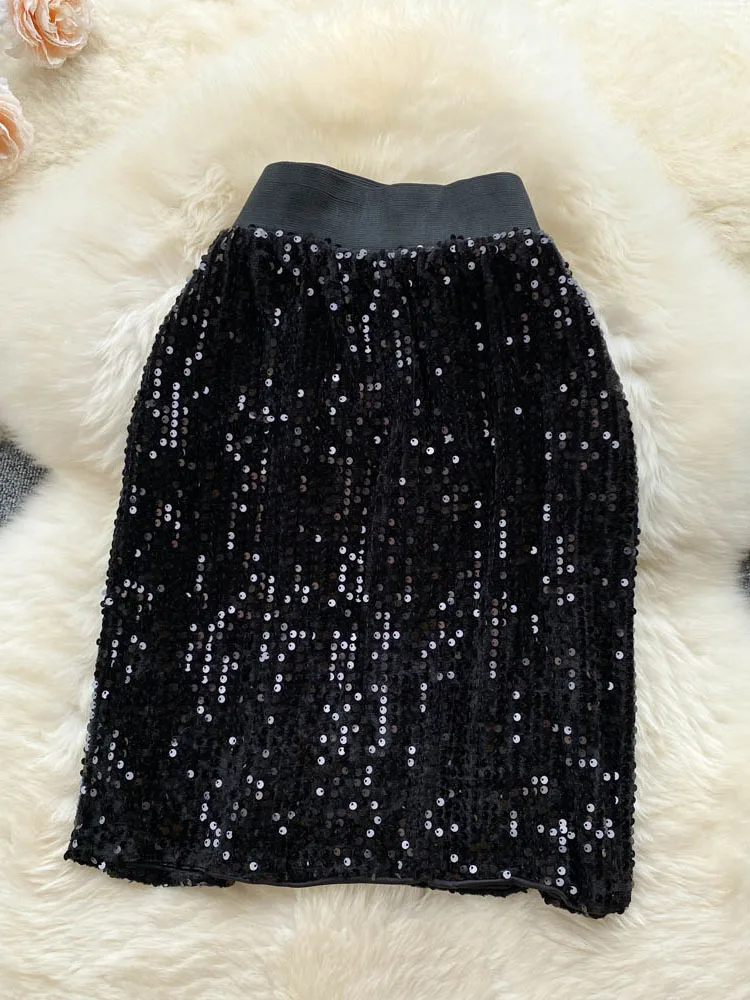 

Новинка лета 2022, трапециевидная юбка с высокой талией и блестками, Женская облегающая юбка в стиле ретро с эластичным поясом, цельнокроеная ...