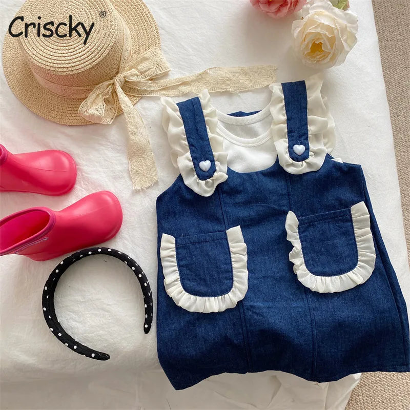 

Criscky Summer Girls Dress Casual Jeans Dress New Halter Sleeveless Solid Color Dress Baby Kids Children'S Clothing