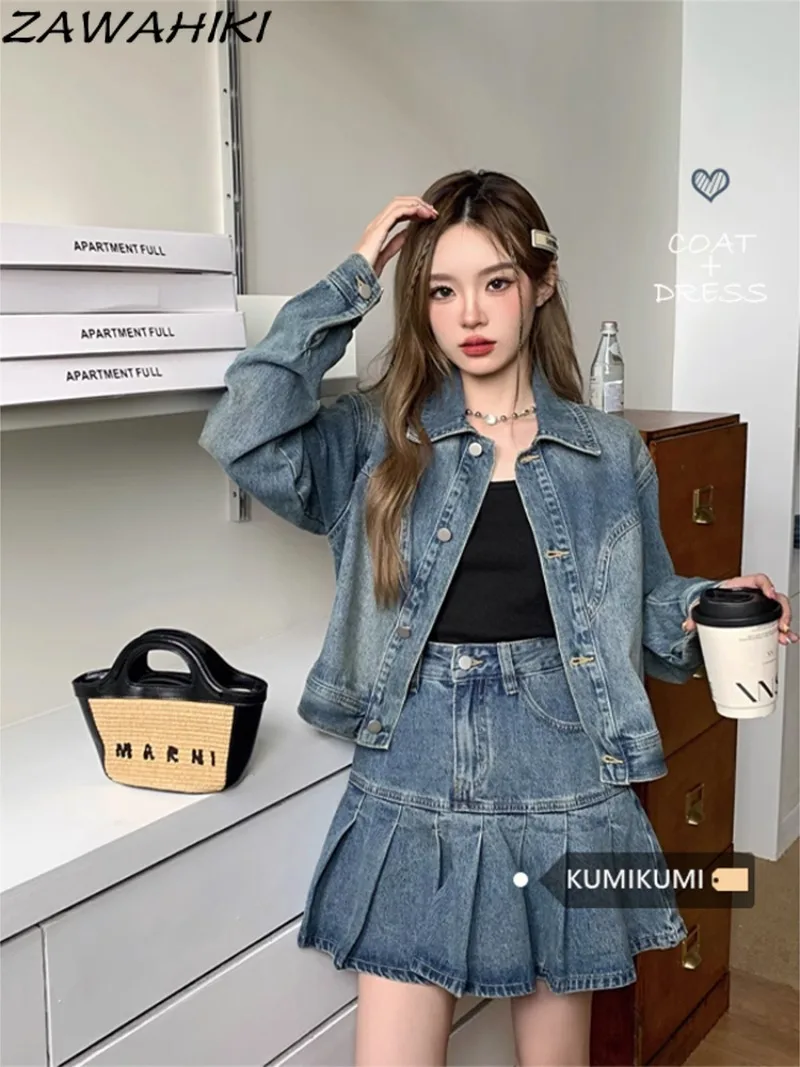 

Женская ВИНТАЖНАЯ ДЖИНСОВАЯ КУРТКА на пуговицах, однотонная повседневная короткая юбка со складками, Y2K