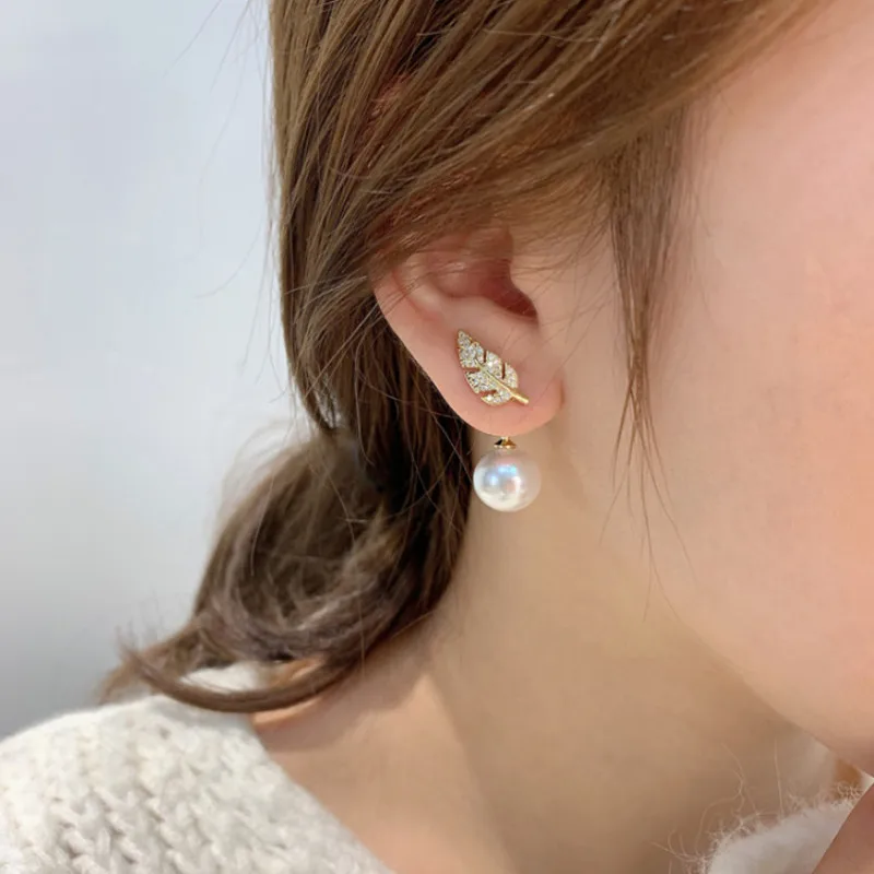 

Pearl Earrings Women's 2022 New Temperament Full Diamond Leaf Dangle Earrings