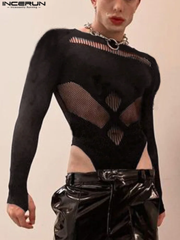 

Fashion Casual Style Men's Onesies INCERUN 2022 See-through Mesh Sexy Male Homewear Stitching Sense Long-sleeved Jumpsuits S-5XL