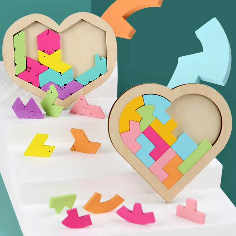 Gioco di Puzzle 3D in legno per bambini Puzzle colorati Tangram giocattoli matematici a forma di cuore giocattoli educativi per l'apprendimento del bambino Montessori
