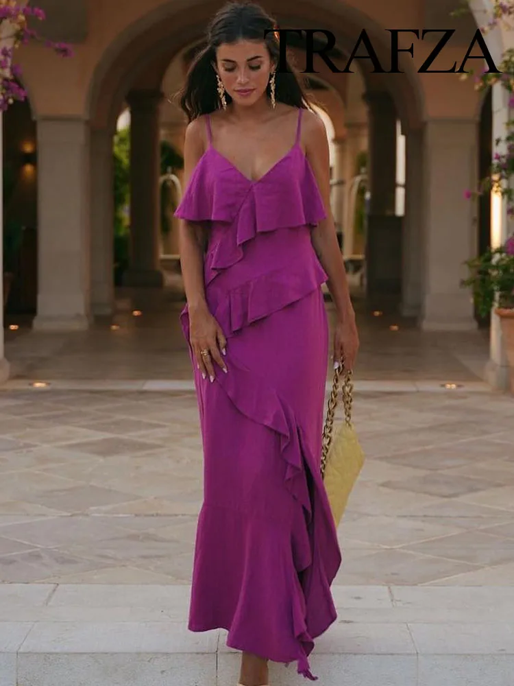 

Женское платье-комбинация с рюшами и открытой спиной, фиолетового цвета