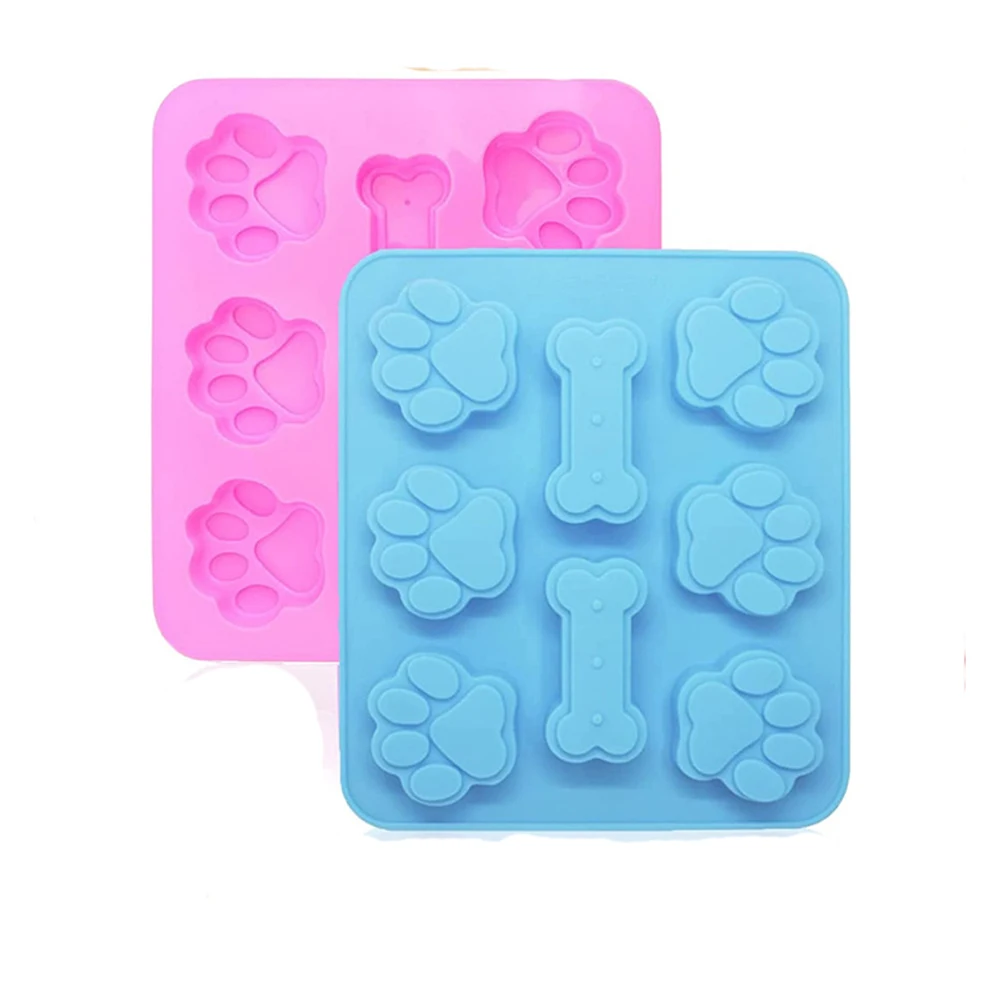 

2 Pcs Silicone Puppy Treat Molds Dog Paw Bone Ice Cube Mold Jelly Biscuits Chocolate Candy Baking Mold Freezer Blue Pink