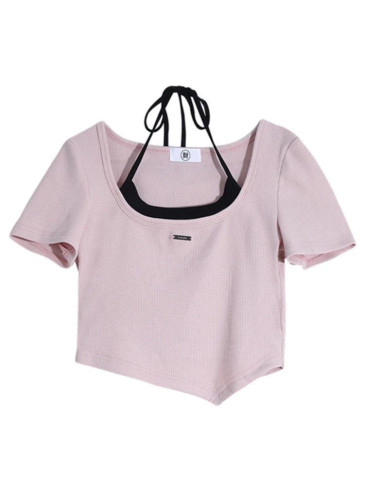 

Women Korean Fashion Lace Up Patchwork O-Neck T-shirt Kawaii Crop Top Vintage Y2k Short Sleeve Summer 2000s Aesthetic Y2k Street