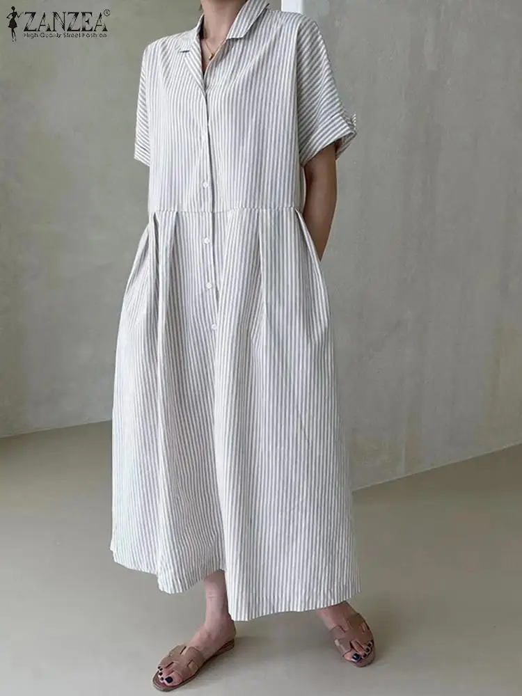 

ZANZEA Striped Casual Maxi Dress Women Fashion Long Robe Loose Oversize Vestido Button Up Lapel Collar 2023 Summer Shirt Dress