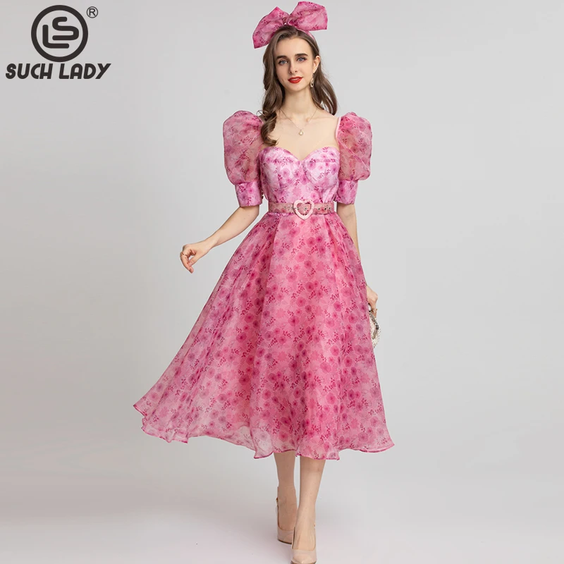 Women's Runway Dress Sweetheart Short Puff Sleeves Printed Elegant Empire Princess Dresses Mid Vestidos