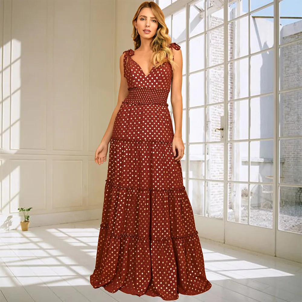 

2022 summer new dress polka dot V-neck suspender dress slim fit big swing long women's clothing