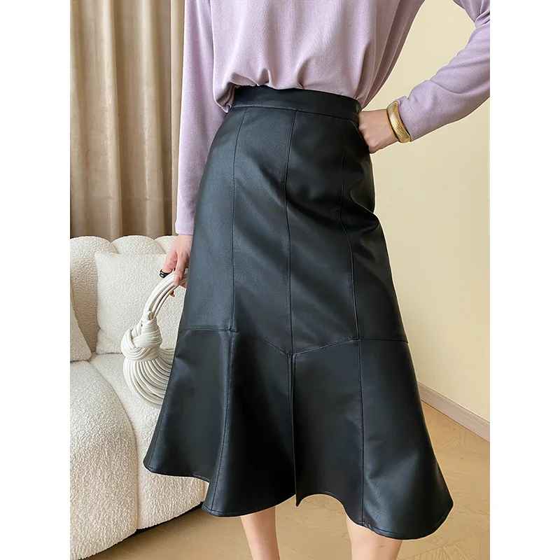

Women Fall High Waist Pu Leather Midi Skirts Black Brown Bottom