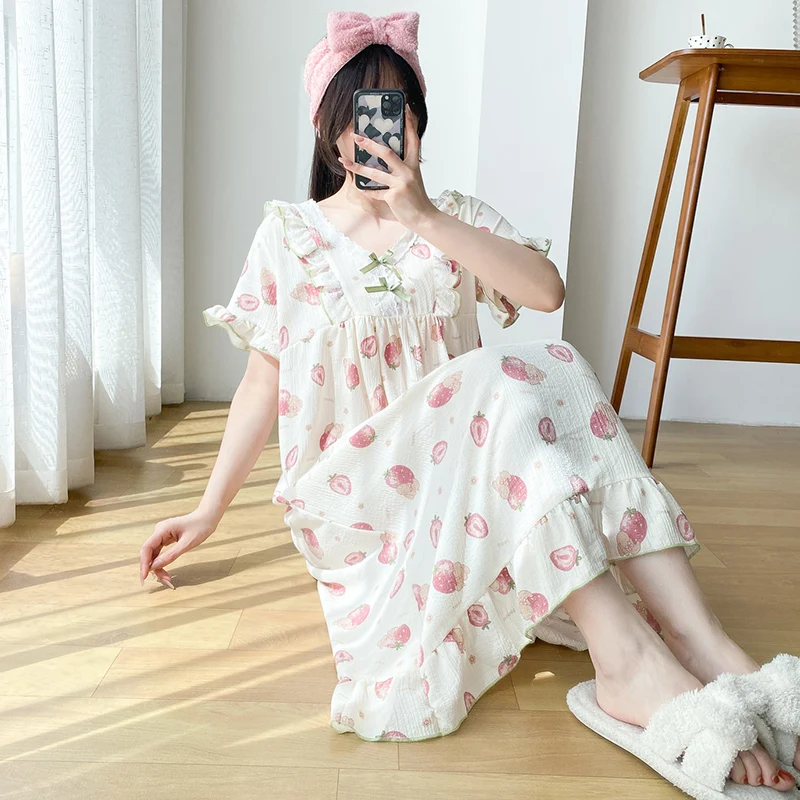 Women Printed Nightgowns Loose Short Sleeves Sleepwear Cotton Sleepdress Pyjama Night Dress Large Size XL-4XL Sleepshirts